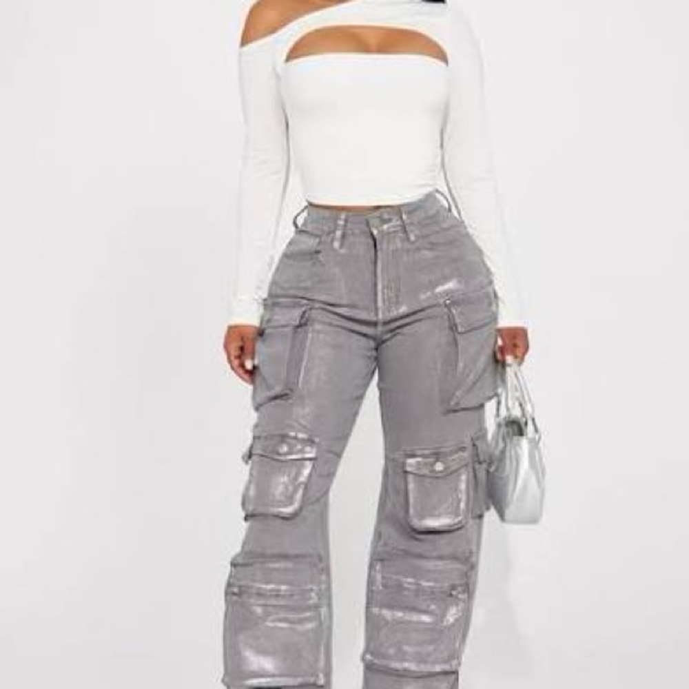 Trendy silver wide leg cargo jeans